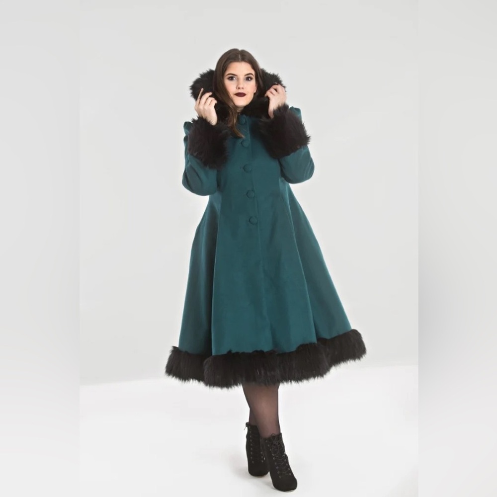 Hell Bunny Elvira Coat- Vintage Style Green Coat with Faux Fur Trim